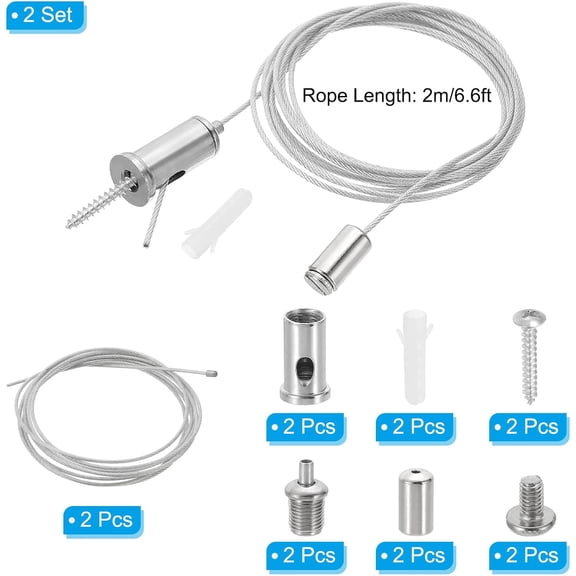 FEFEFW-Ceiling Hanging Wire Cable Kit, 2m/6.6ft 2 Set Adjustable Light Suspend Cable Kit Panel Hanging Rope Clamp Slotted Round Nail for Pendant Light Fitting Aquarium Lights, Style 1