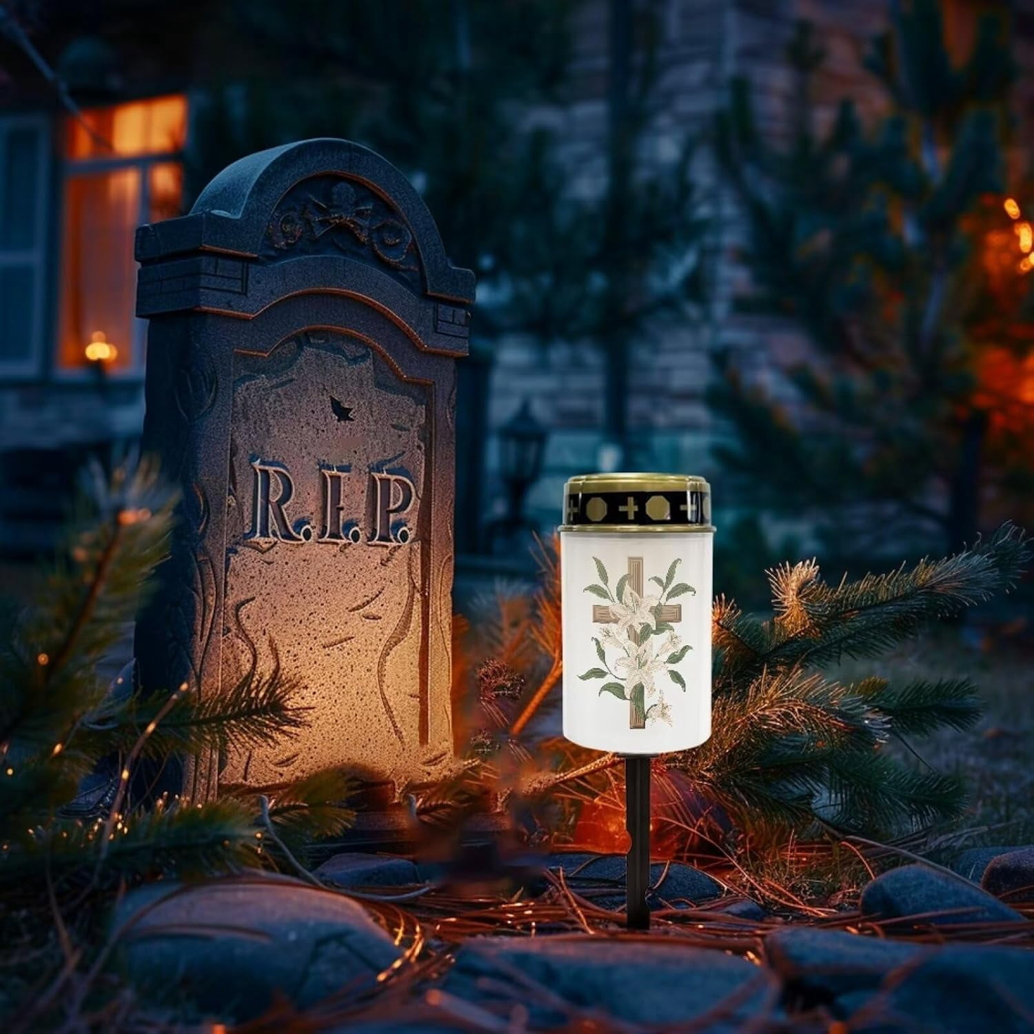 FEFEFW-Cross Lily Solar Lights for Cemetery Gravesite Solar Power Outdoor Candle Waterproof Lantern Automatic Solar Light Grave Decoration Memorial