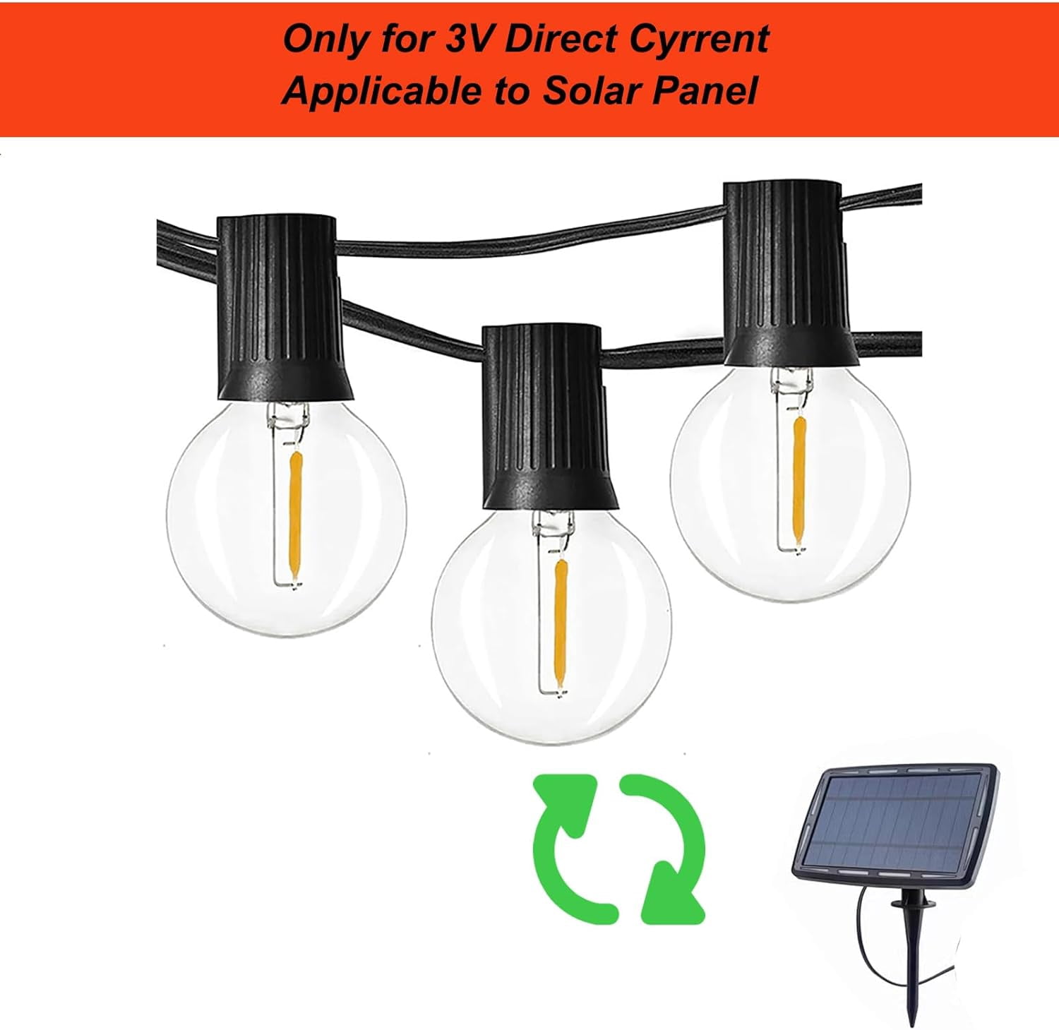 FEFEFW-DC 3V Low Voltage,Solar String Light Bulbs,Only for 3V DC, Burn Out at 120V, Shatterproof Waterproof E12 G40 LED Bulbs,Warm White 25 Pack.