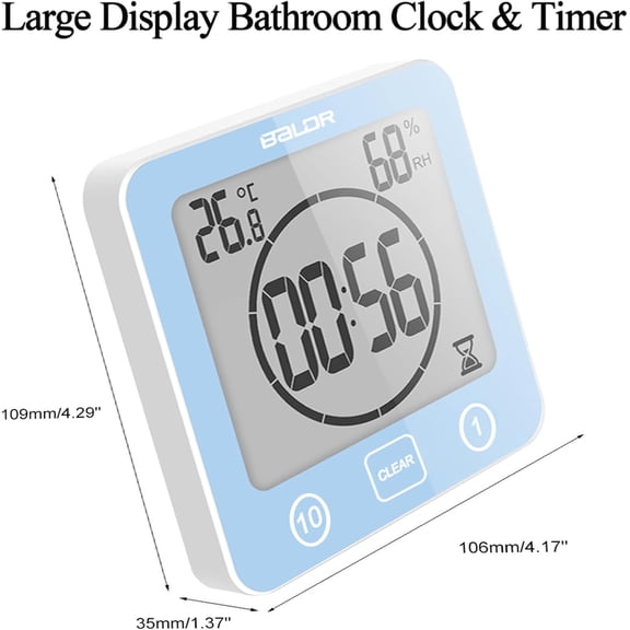 FEFEFW-Digital Timer Waterproof Wall Clock, Kitchen Countdown Timer, Shower Clock with Temperature Humidity, Mirror Suction Cup Bathroom Timer, Wall Hanging for Bath Spa Basement Swimming Pool (Blue)