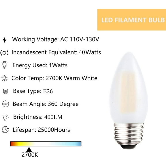 FEFEFW-Dimmable LED Candelabra Light Bulbs 40W Equivalent E26 Base, B11 LED Chandelier Candle Light Bulbs, Frosted E26 Medium Base Candelabra Bulb 2700K Warm White, 6 Pack