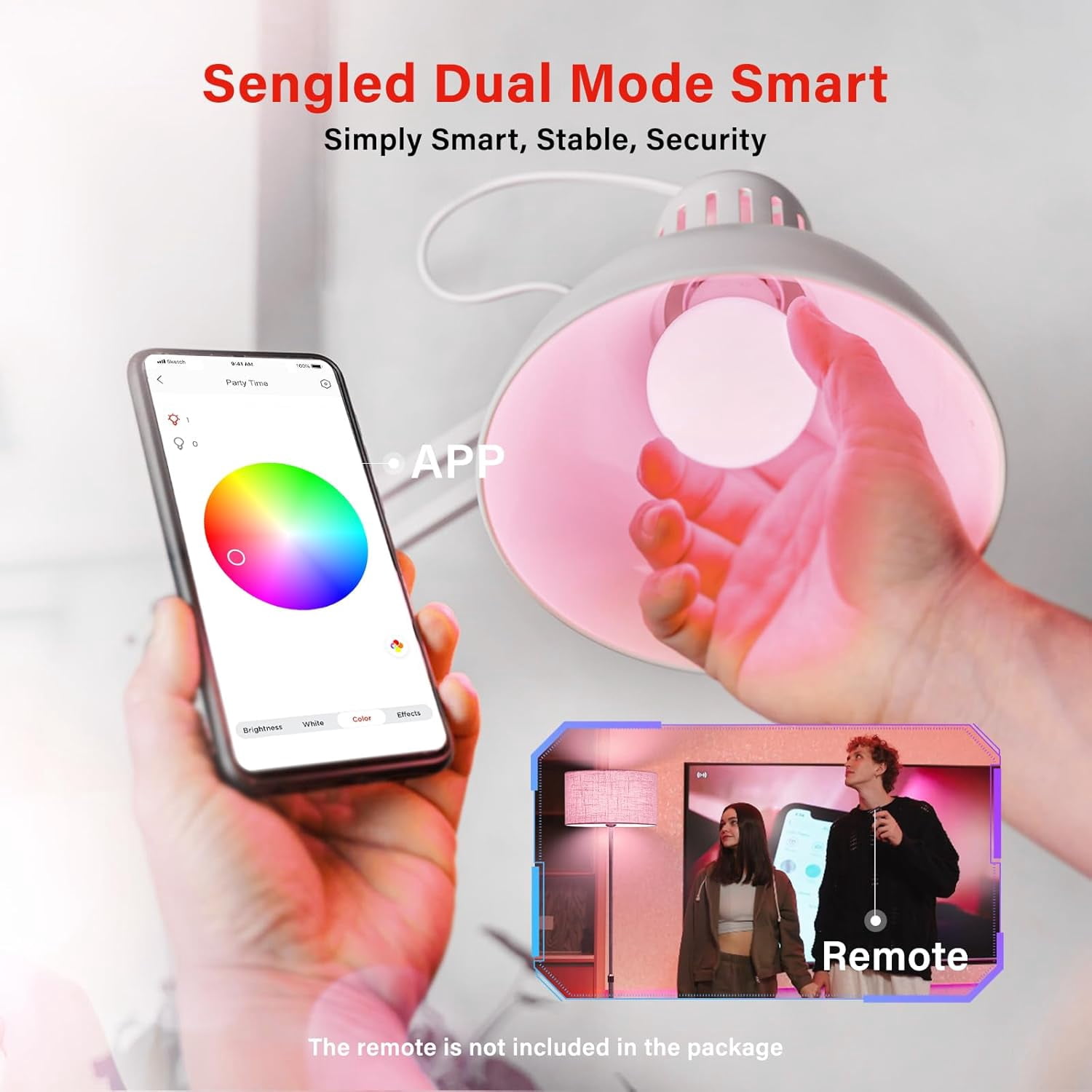 FEFEFW-Dual Mode Smart Light Bulbs with Remote & App Control, Color Changing Bulbs, RGBW LED Light Bulbs 2700K-6500K Dimmable, 60W, Local Group Control (4P No Remote, No Support Alexa & Google)