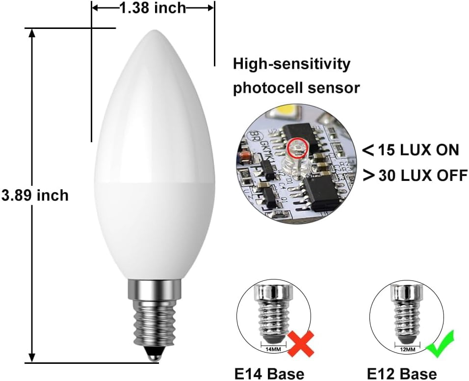 FEFEFW-Dusk to Dawn Light Bulb, E12 Candelabra Light Sensing LED Bulbs Auto On/Off 5W 400LM Warm White 3000K for Home Outdoor Yard Porch Patio Garage Pathway, Can Replace 40W Incandescent Bulbs, Pack