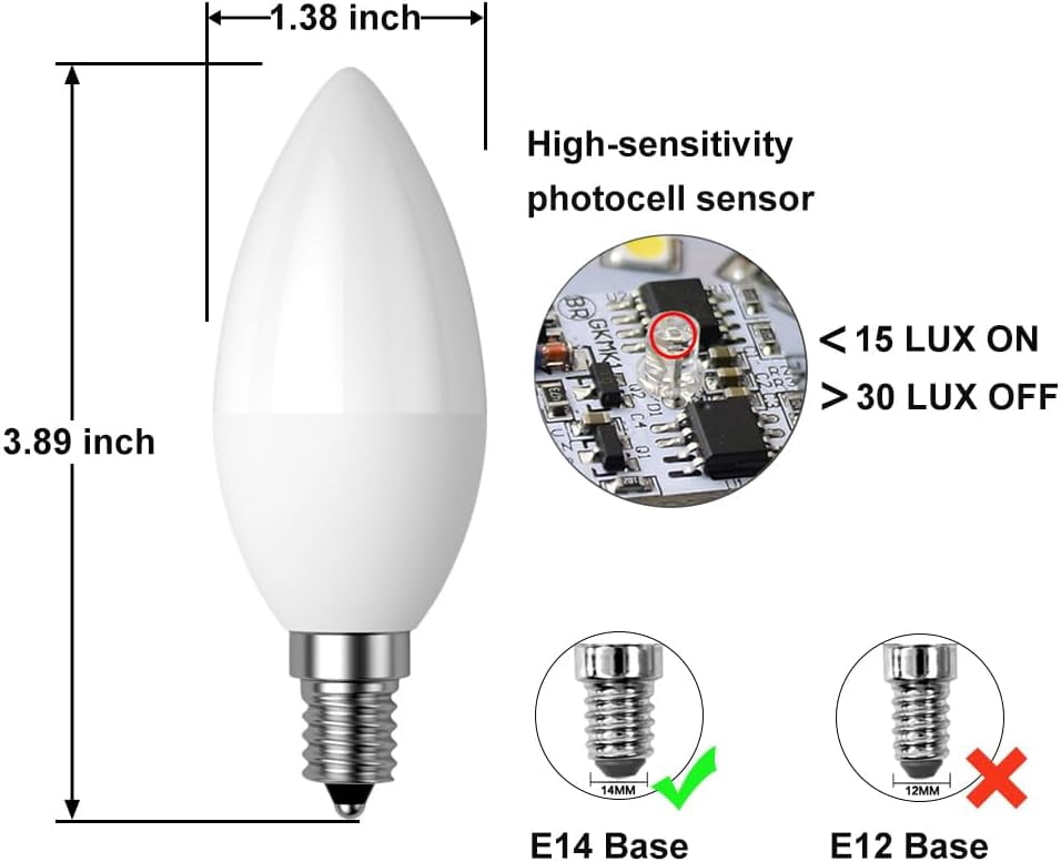 FEFEFW-Dusk to Dawn Light Bulb, E14 Candelabra Light Sensing LED Bulbs Auto On/Off 5W 400LM Warm White 3000K for Home Outdoor Yard Porch Patio Garage Pathway, Can Replace 40W Incandescent Bulbs, Pack