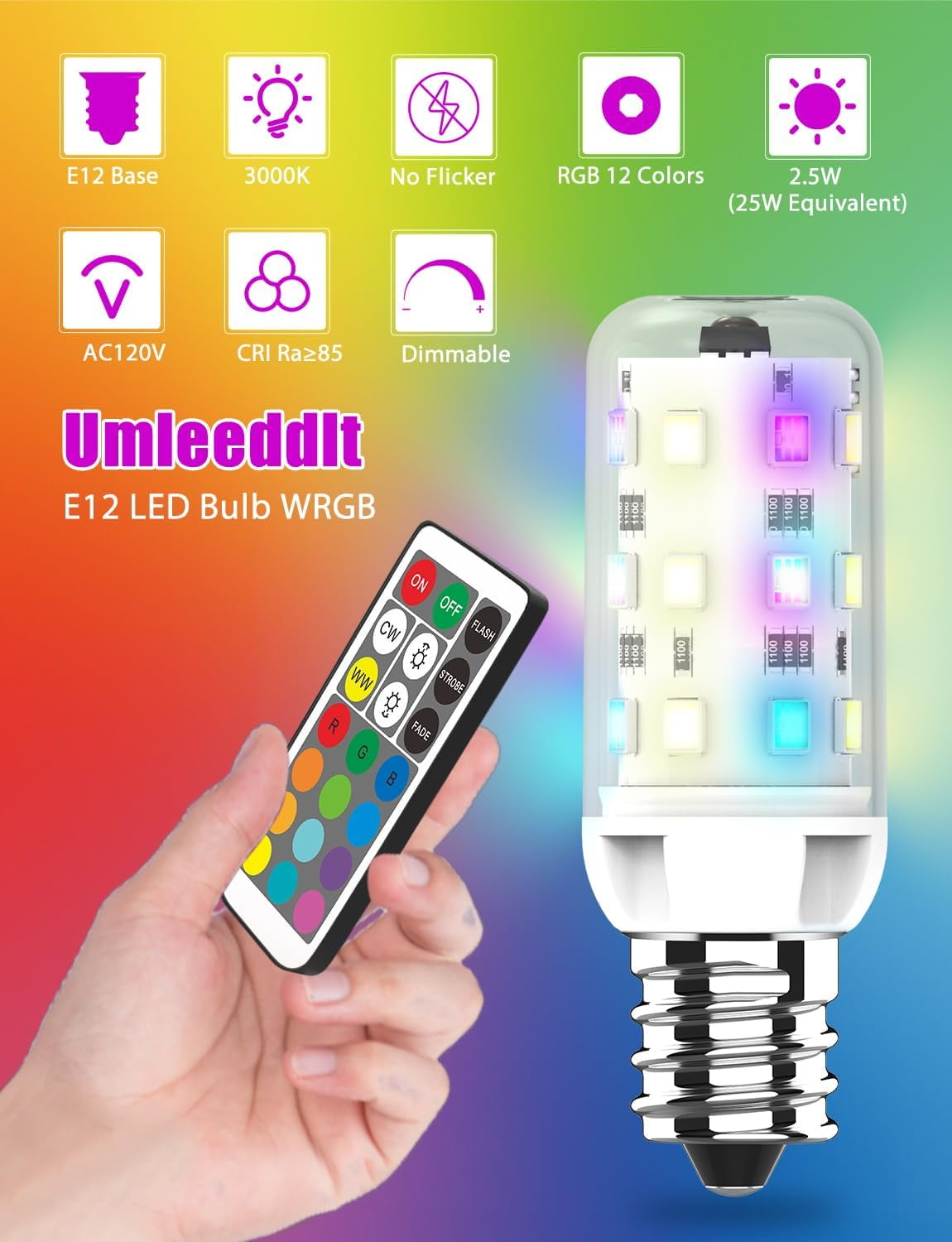 FEFEFW-E12 LED Bulb, 25W Equivalent, Warm White/Cold White/RGB 12 Color Changing, CRI 85+, 4 Auto Cycle Modes, Sync & Memory Function, T4 LED Bulb Dimmable, Efficient 2.5W, AC 120V (E12, 2 Pack)