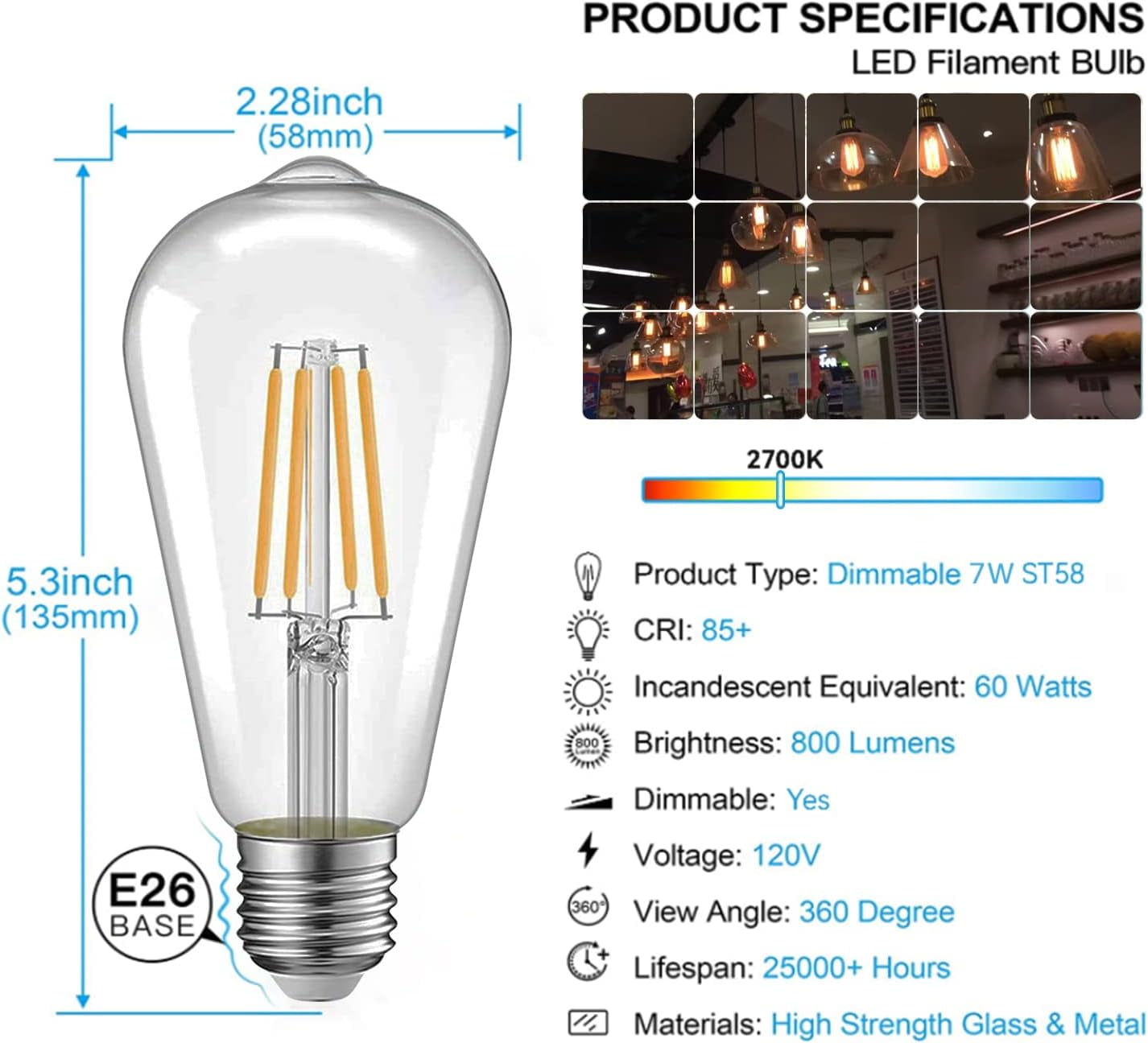 FEFEFW-Edison LED Light Bulbs E26 Bulb 60 watt Equivalent Dimmable Light Bulbs 2700K Warm Soft White Vintage 7W Edison Bulbs 110V 120V 800 Lumen CRI90, 4 Pack