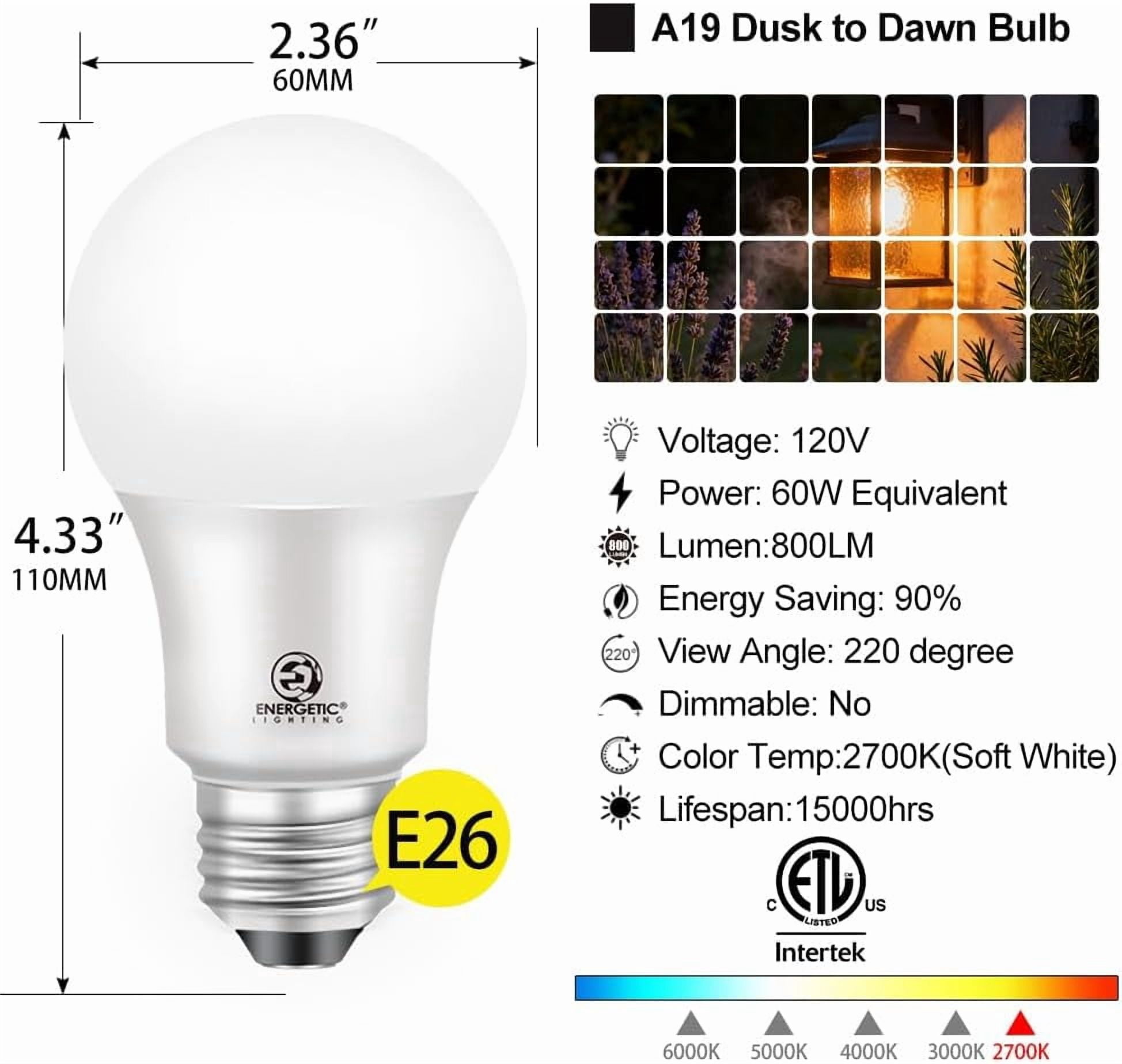 FEFEFW-Energetic 4-Pack Dusk to Dawn LED Outdoor Light Bulb, 60 Watt Equivalent(6W), 800LM, Soft White 2700K, E26 Base, Automatic On/Off Sensor Light Bulb for Porch, Hallway, Garage, ETL Listed