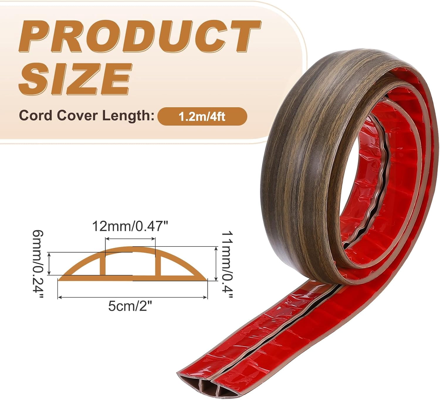 FEFEFW-Floor Cord Cover 4ft, Extension Cord Hider for Floor Cable Management Wire Covers Protector Prevent Cable Trips 0.47" W x 0.24" H, Mist Brown