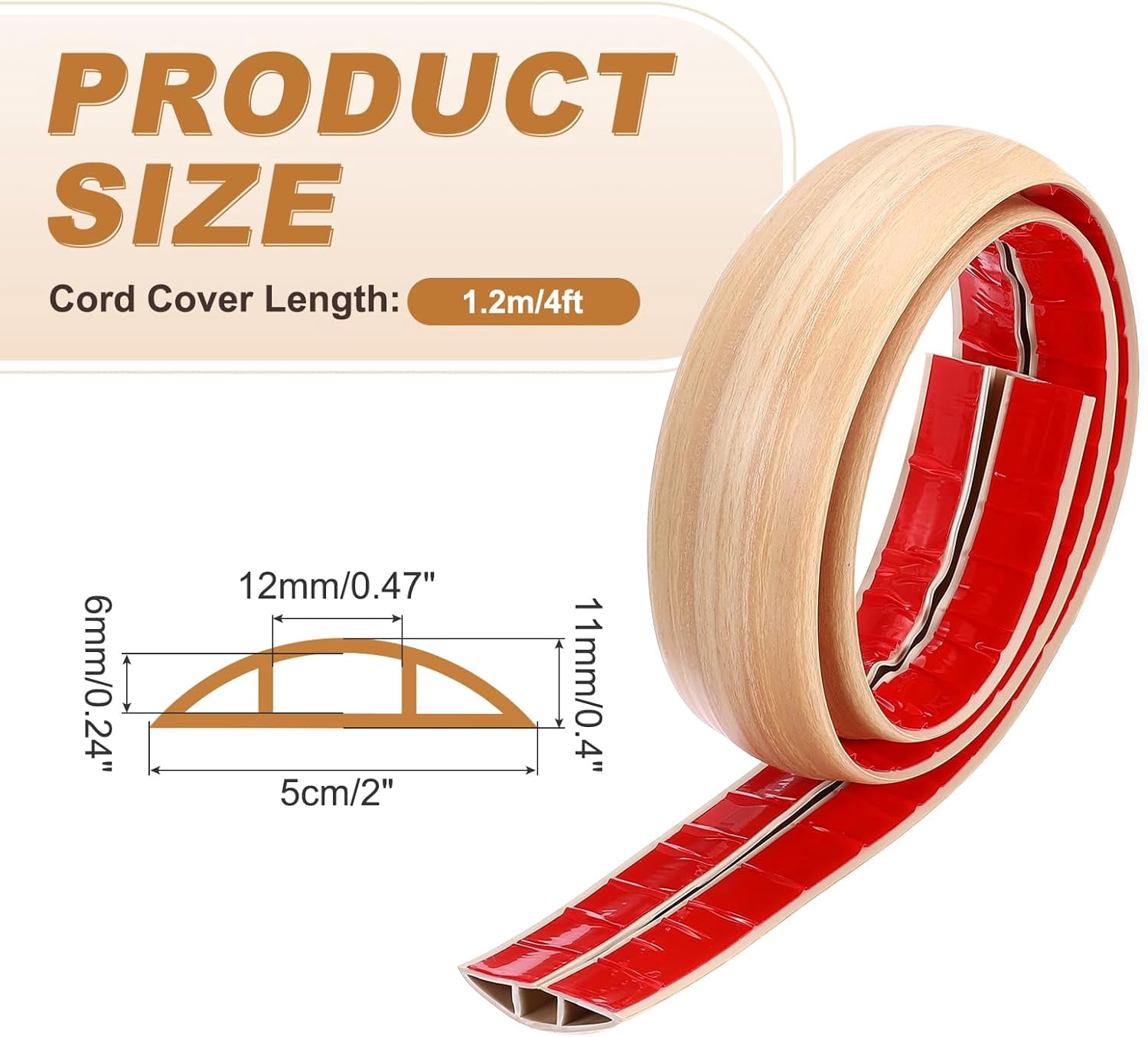 FEFEFW-Floor Cord Cover 4ft, Extension Cord Hider for Floor Cable Management Wire Covers Protector Prevent Cable Trips 0.47" W x 0.24" H, White Maple