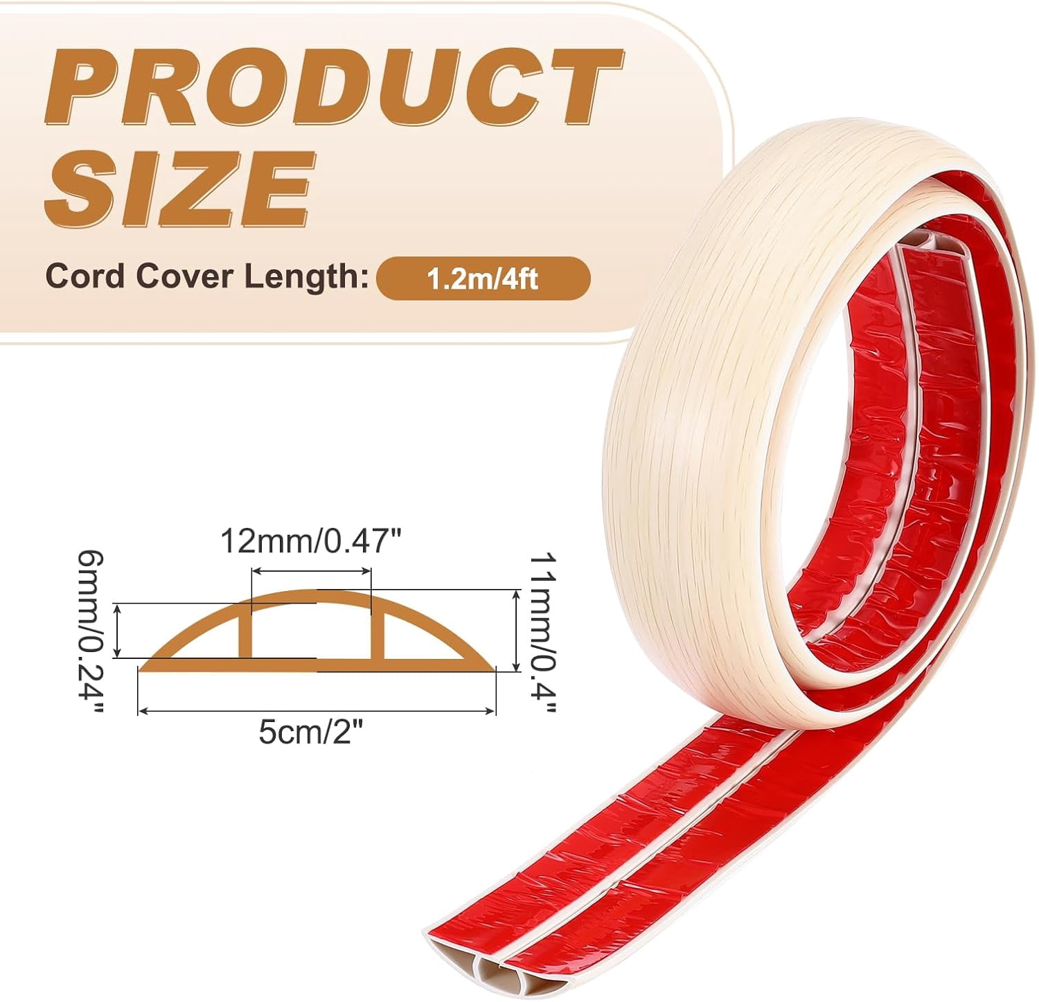 FEFEFW-Floor Cord Cover 4ft, Extension Cord Hider for Floor Cable Management Wire Covers Protector Prevent Cable Trips 0.47" W x 0.24" H, White Oak