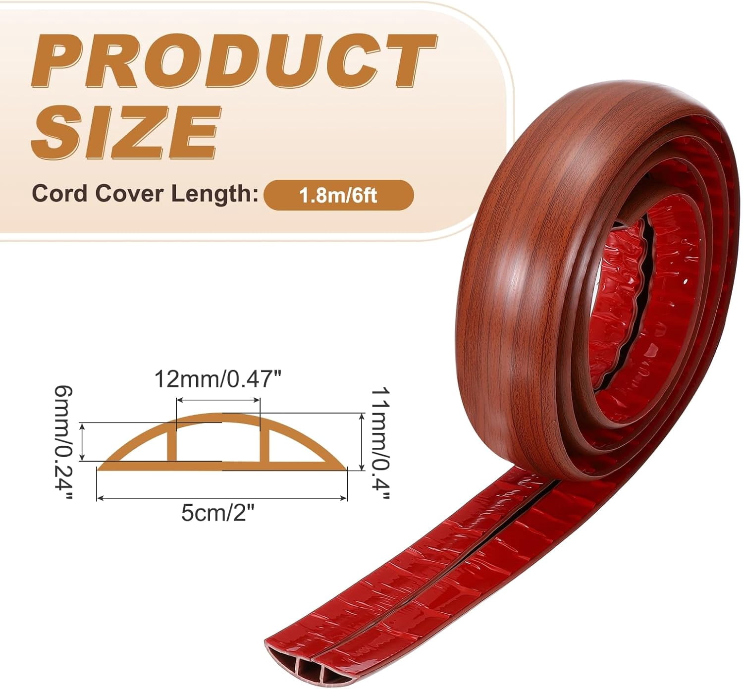 FEFEFW-Floor Cord Cover 6ft, Extension Cord Hider for Floor Cable Management Wire Covers Protector Prevent Cable Trips 0.47" W x 0.24" H, Walnut