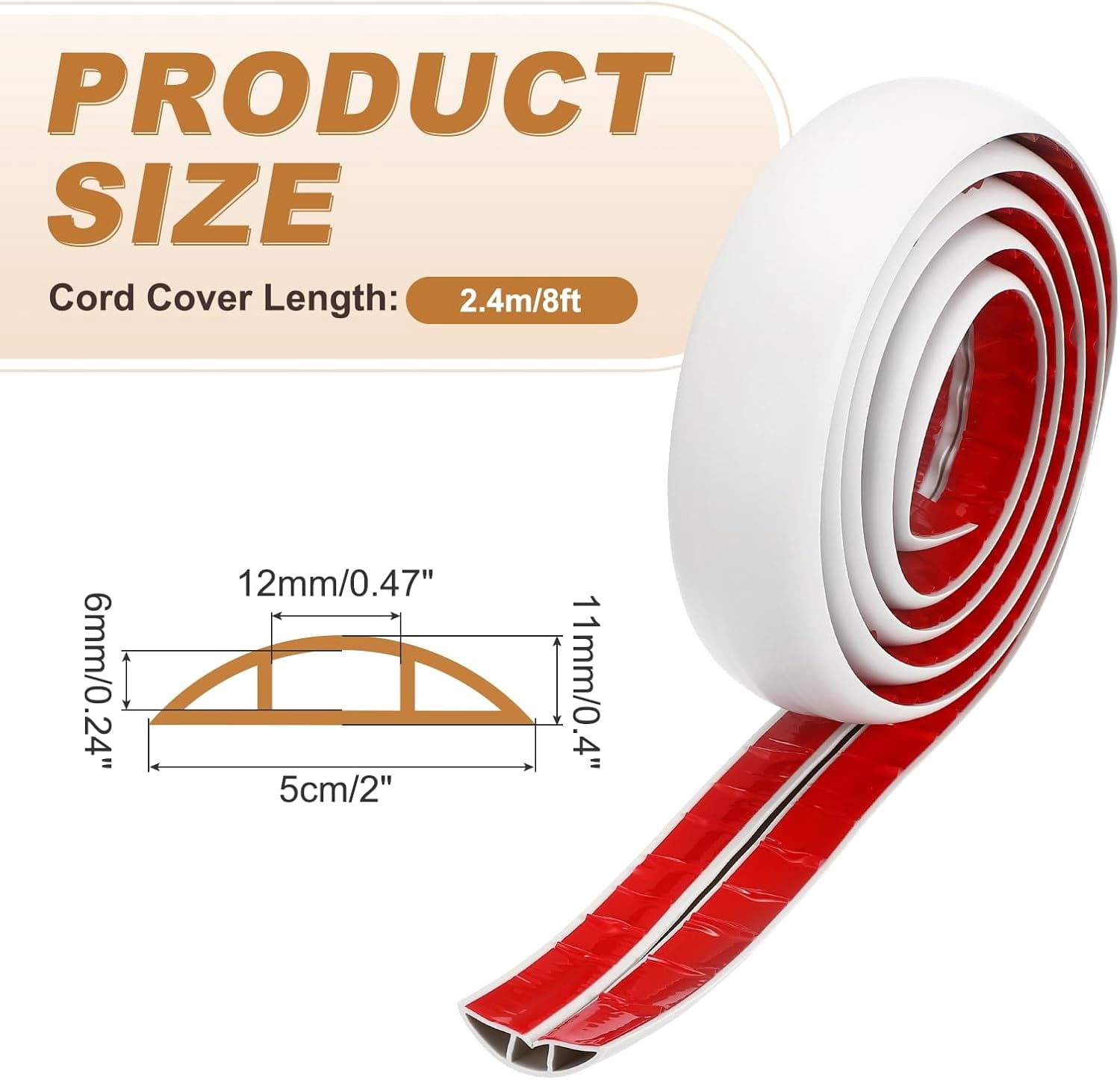 FEFEFW-Floor Cord Cover 8ft, Extension Cord Hider for Floor Cable Management Wire Covers Protector Prevent Cable Trips 0.47" W x 0.24" H, Beige