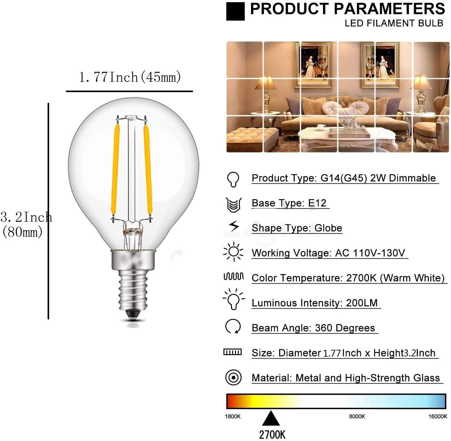 FEFEFW-G14 2W E12 LED Bulb G45 Globe Filament LED Edison Bulb Dimmable 20W Equivalent Candelabra Clear Light Bulbs E12 Base Warm White 2700k, 6 Pack