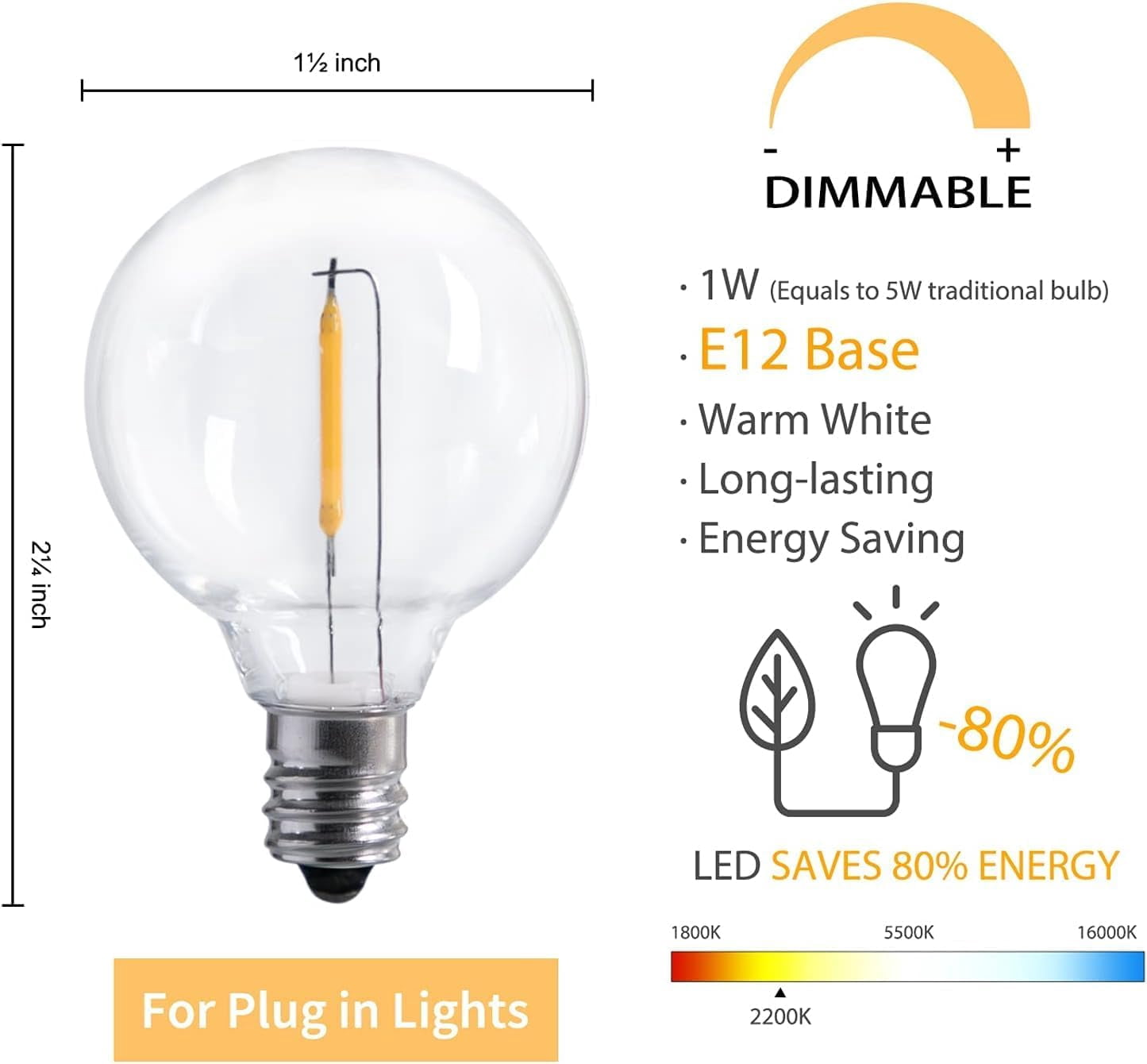 FEFEFW-G40 Led Replacement Light Bulbs 1W Shatterproof Globe Bulb fits E12 or C7 Candelabra Screw Base Sockets, 1.5 Inch Dimmable Light Bulbs, Warm White (10Pack 2200k), Not for Solar String Lights