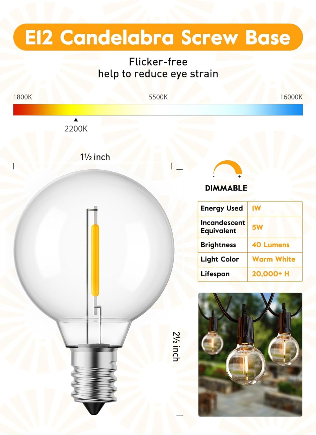 FEFEFW-G40 Led Replacement Light Bulbs 1W Shatterproof Globe Bulb fits E12 Candelabra Screw Base, 1.5 Inch Dimmable Light Bulbs for Indoor Outdoor String Lights, Patio Cafe Decor, Warm White, 25 Pack