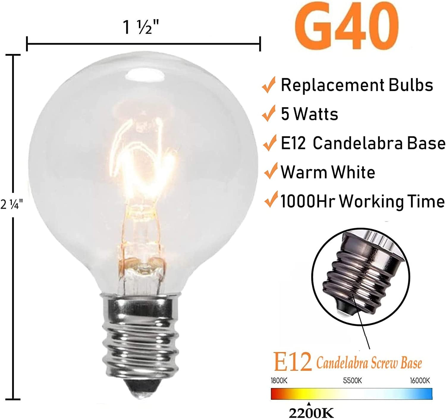 FEFEFW-G40 Replacement Bulbs, 120V 5W Incandescent Light Bulbs, C7/E12 Candelabra Base, 1.5 Inch Clear Globe Replacement Light Bulbs for Outdoor String Lights Waterproof, 2200K Warm White, 25 Pack