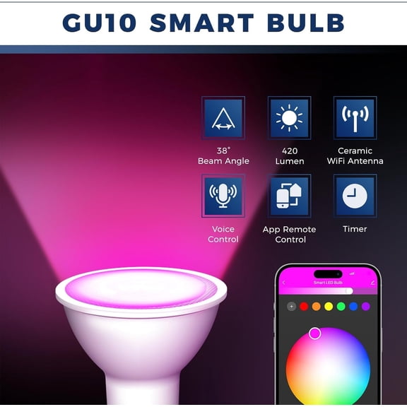 FEFEFW-GU10 Smart Light Bulb 50W Equivalent, 38Beam Angle, Compatible with Alexa/Google Assistant/Smart Life, 5W 420LM, 86+CRI, RGBCW Spotlight Track Light, 2.4GHz WiFi, ETL Listed