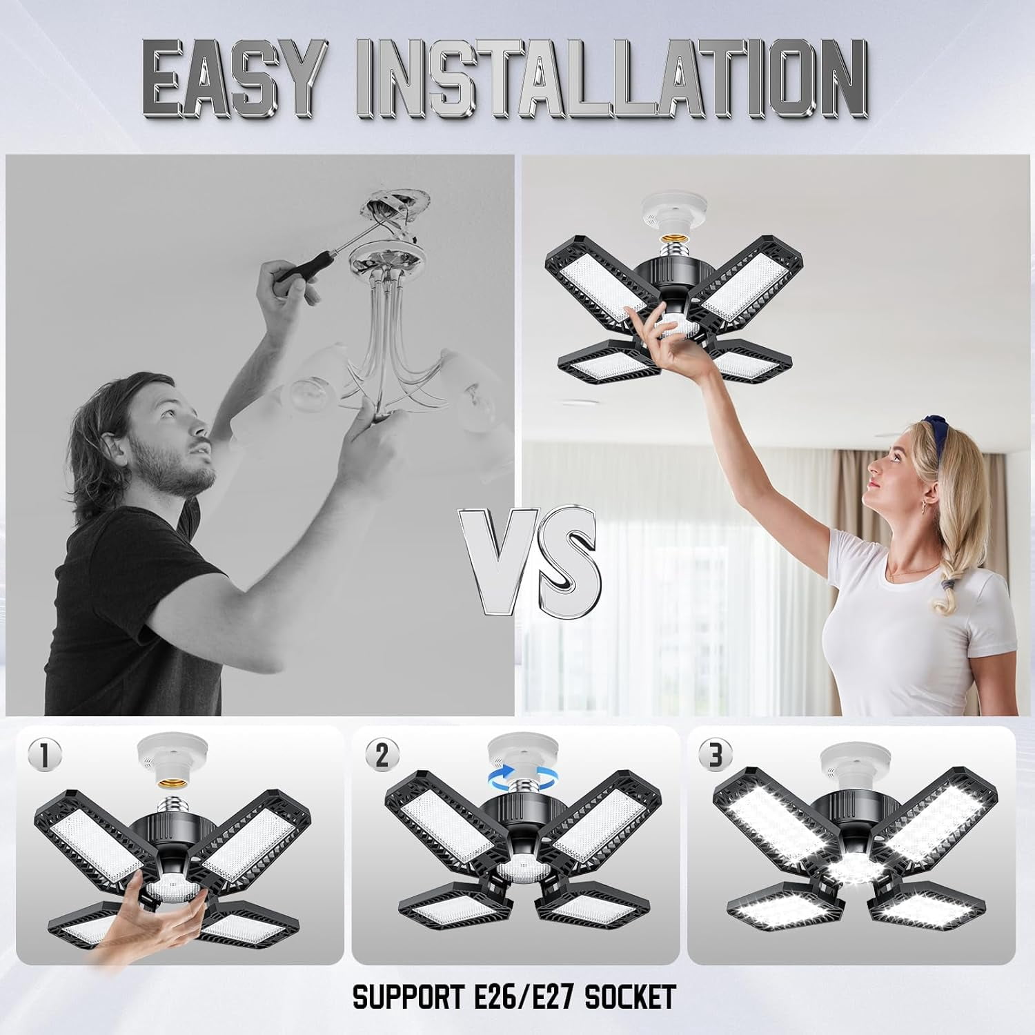 FEFEFW-Garage Lights 2 Pack 120W, 12000LM LED Garage Lights with 4+1 Deformable Panels 6500K Screw in LED Shop Lighting for Workshop, Basement Support E26/E27