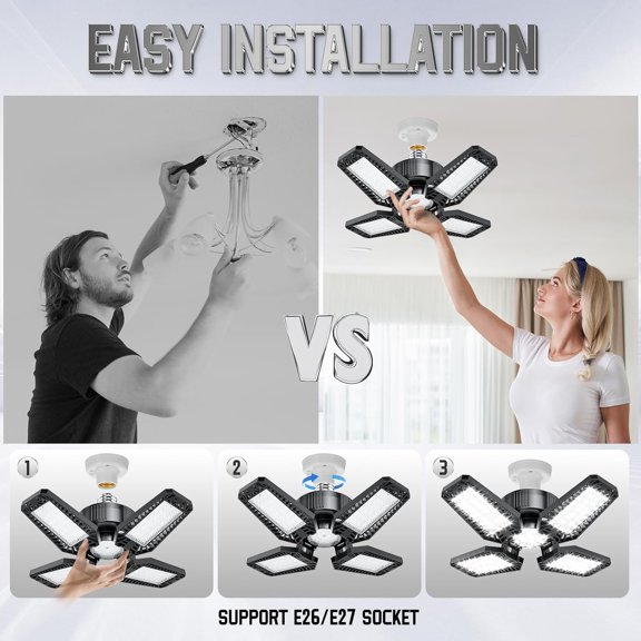 FEFEFW-Garage Lights 2 Pack 120W, 12000LM LED Garage Lights with 4+1 Deformable Panels 6500K Screw in LED Shop Lighting for Workshop, Basement Support E26/E27