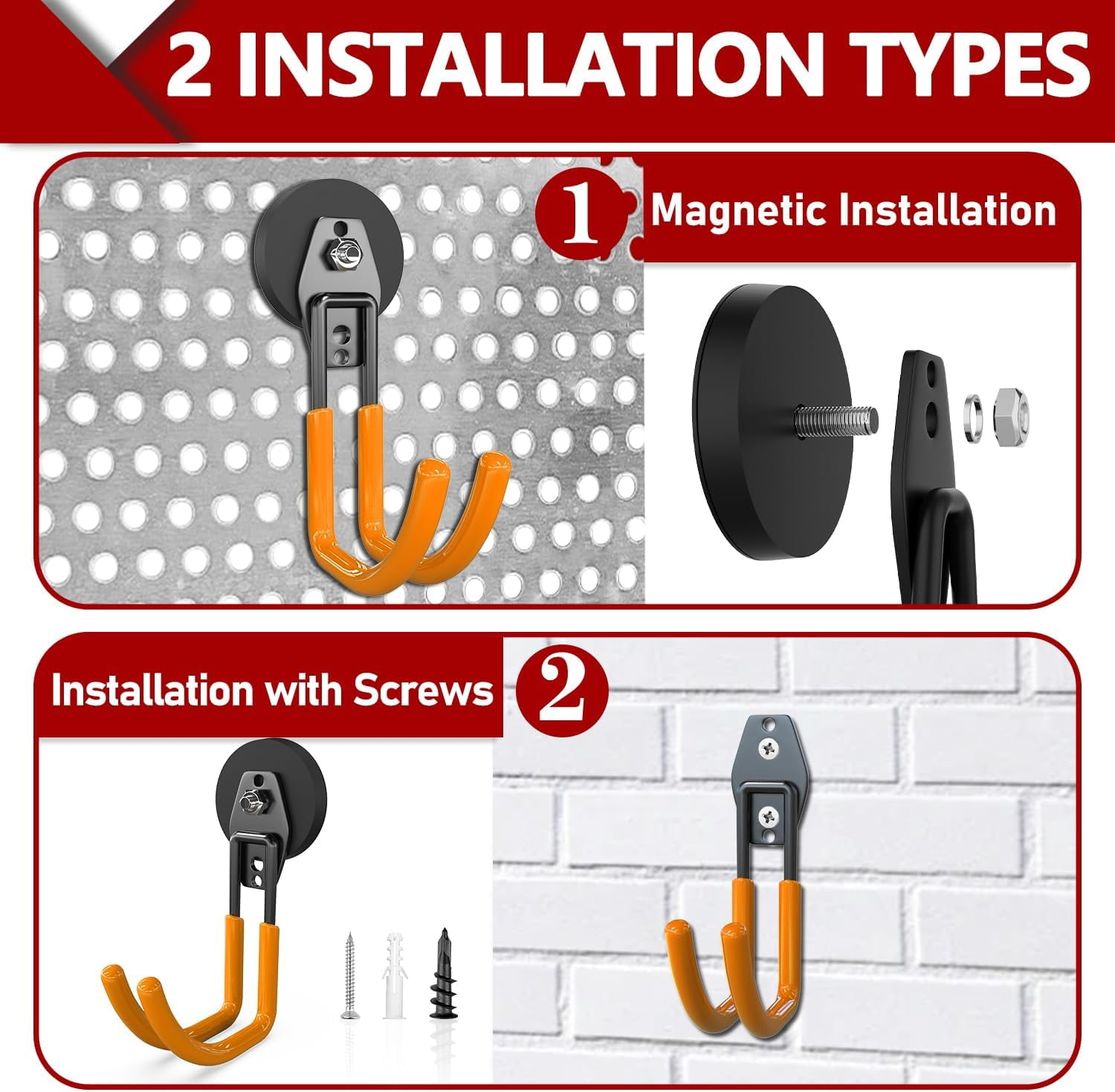 FEFEFW-Heavy Duty Magnet Garage Hooks 2 Pack, J Shape Strong Magnetic Hooks for Hanging Cordless Power Drill, Utility Magnetic Tool Holder for Metal Cabinet, Steel Pegboard, Toolbox, Garage(Orange)