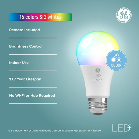 FEFEFW-LED+ Color Changing LED Light Bulbs with Remote, No App or Wi-Fi Required, A19 Bulbs, CA Compliant (2 Pack)