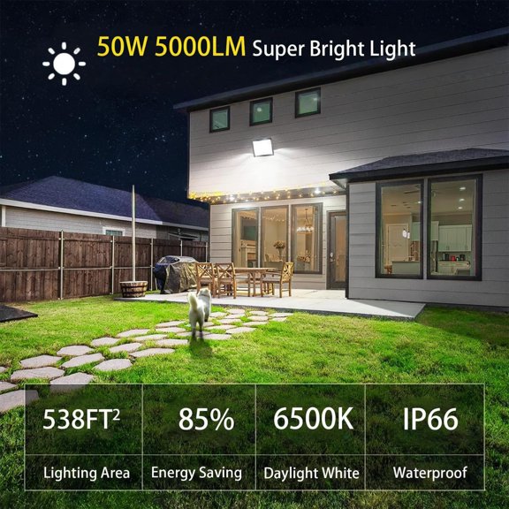 FEFEFW-LED Flood Lights Outdoor-50W 5000lm Super Bright LED Work Light with US Plug,6500K Daylight White Floodlight,IP66 Waterproof Security Outside Lights for Yard Garage Stadium Bowfishing-1 Pack