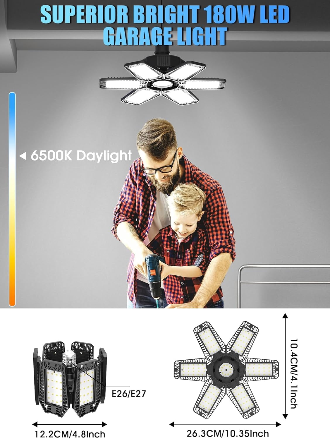 FEFEFW-LED Garage Light 1 Pack - 180W 18000LM Garage Lights Ceiling Led with 6 Adjustable Panels, 6500K Daylight Deformable Lighting Screw In E26 E27 Bulb Socket, for Shop Workshop Barn Basement Atti
