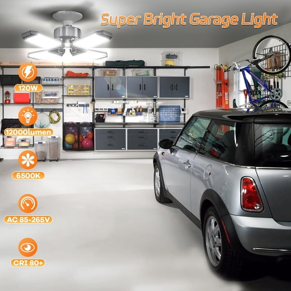 FEFEFW-LED Garage Light - 120W Garage Lights Ceiling LED 12000LM with 4+1 Deformable Panels, Screw in Shop Lighting 6500K Fit for E26 E27 Bulb Socket, for Workshop, Barn, Basement, Attic, Bay