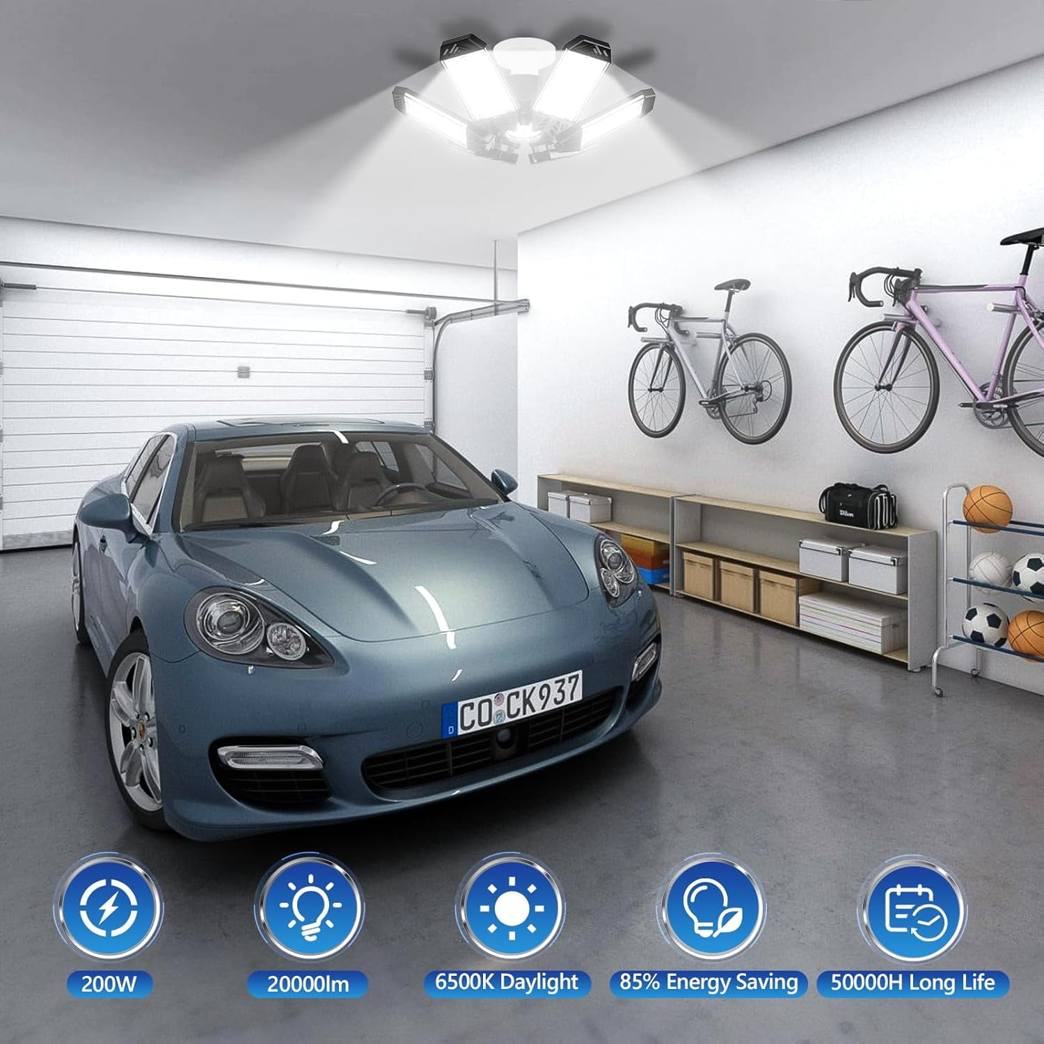 FEFEFW-LED Garage Light - 200W 20000LM Garage Lights Ceiling LED, 6500K Shop Lights Screw in E26/E27 Bulb Socket with 6 Deformable Panels, Lighting for Workshop Basement Barn