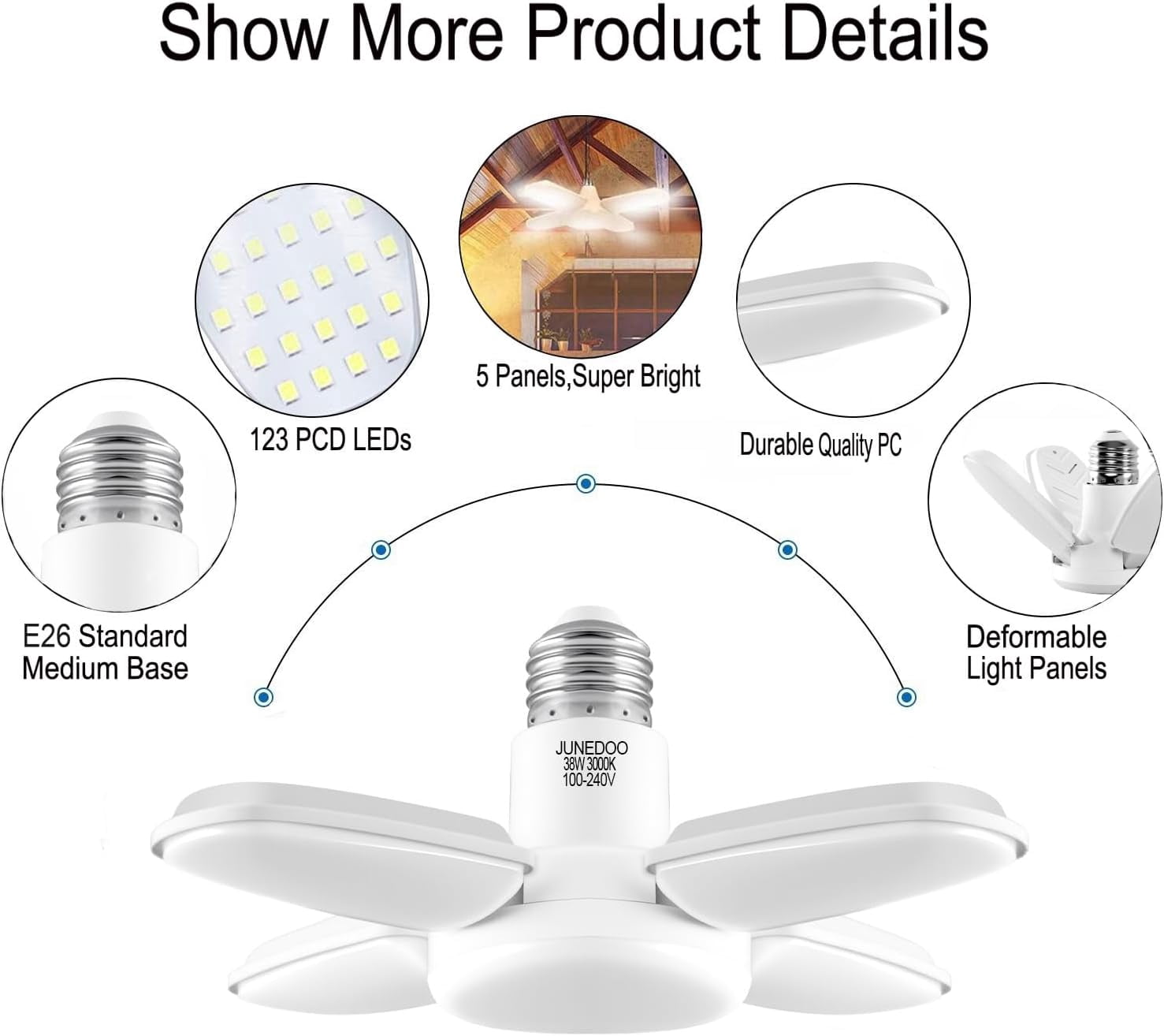 FEFEFW-LED Garage Light 38W,E26 Edison Screw Bulbs,3000K Warm White,4200Lm,300W Incandescent Bulbs Equivalent,No Dimmable,Pack of 2