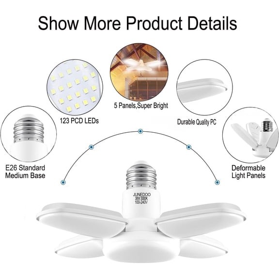 FEFEFW-LED Garage Light 38W,E26 Edison Screw Bulbs,3000K Warm White,4200Lm,300W Incandescent Bulbs Equivalent,No Dimmable,Pack of 2
