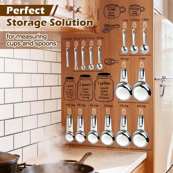 FEFEFW-Measuring Cup and Spoon Organizer Set, Kitchen Measurement Conversion Chart with 16 Clear Small Hooks and Anti-Collision Pads for Hanging Measuring Cup and Spoon