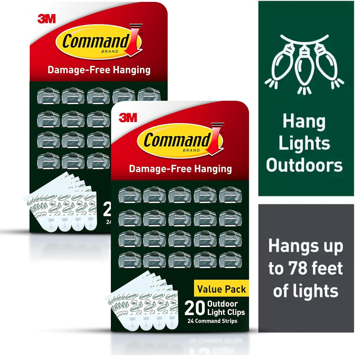 FEFEFW-Outdoor Light Clips, 40 Clear and 48 Strips, Damage Free Hanging with Weather Resistant Strips, Wall Clips for Hanging Outdoor Lights and Cable Management