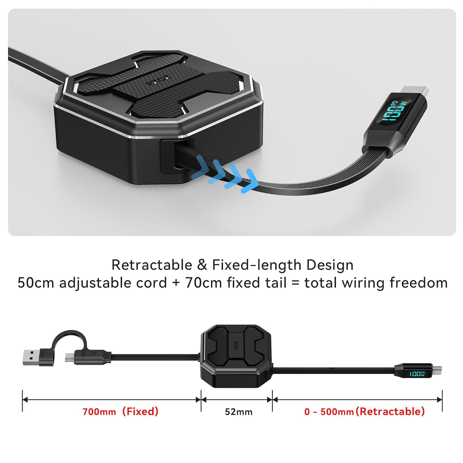 FEFEFW-PZOZ 100W Retractable 2-in-1 Charging Cable with LED Display, Multi USB C & USB A to USB C for iPhone 17 16 15 iPad Mac Samsung for Car CarPlay Desktop Management Organizer