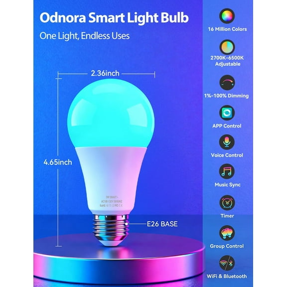 FEFEFW-Smart Light Bulbs, Work with Alexa & Google Assistant, 9W LED Light Bulbs Color Changing RGBTW Dimmable, 2.4GHz WiFi Bluetooth Smart Bulb 60W Equivalent, APP Control, A19, E26, 800LM, 2 Packs
