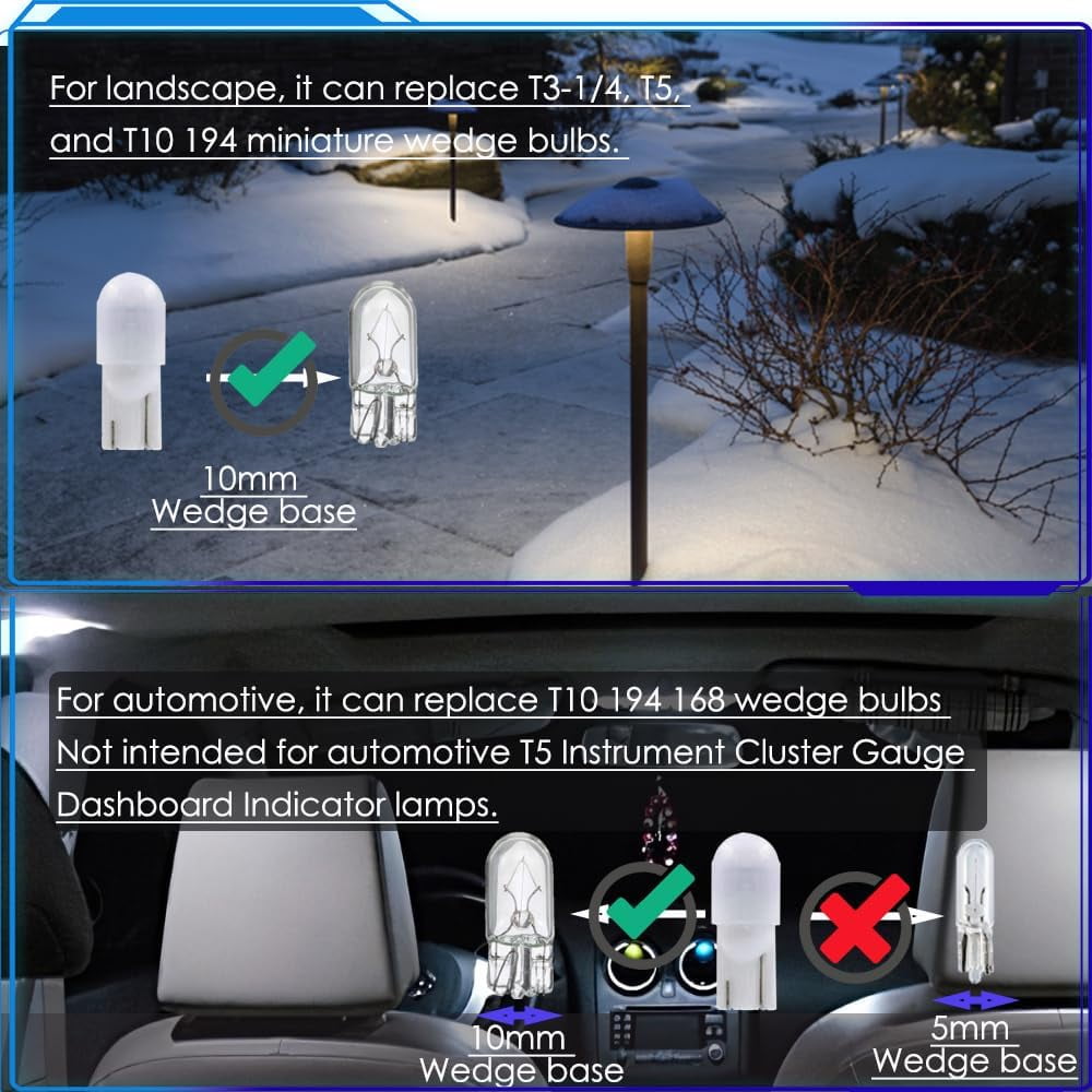 FEFEFW-T10 Wedge Base LED Bulb 12V DC 1W, T5 T10 Low Voltage Landscape Light Bulbs, 4 Watts Incandescent Bulb Equivalent, Cool White 6000K 10-Count
