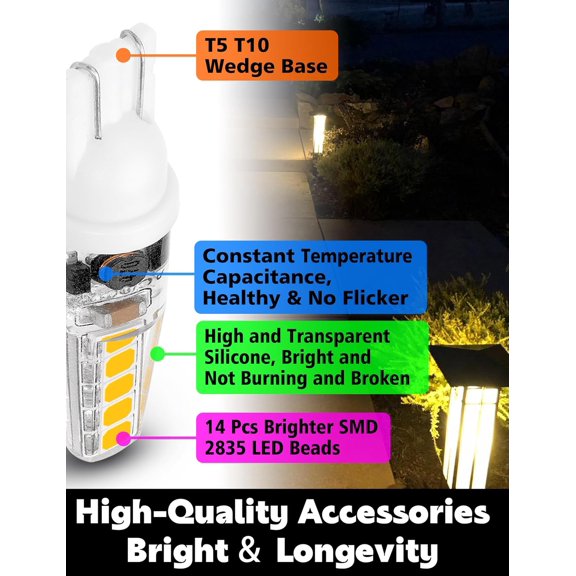 FEFEFW-T5 T10 Wedge Base LED Landscape Bulbs 12 Volt Low Voltage 2W 300lm, DC10-30V/AC12-24V 2700K Warm White for Outdoor Landscape Path Deck RV Camper Lights, 10 Pack