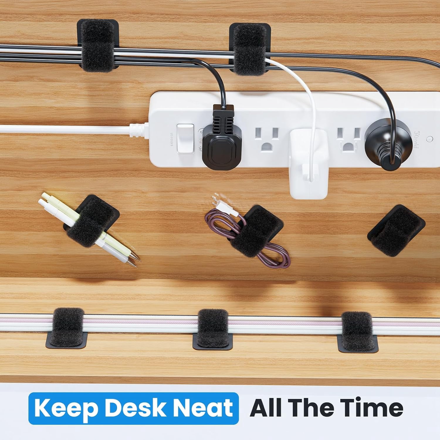 FEFEFW-Under Desk Cable Management, 【Holds 15 Cables】【Ultra Adhesion】 Hook and Loop Cable Strap, Adjustable Long Cable Tie, Reusable Cable Clip Hiding, 20 Pairs