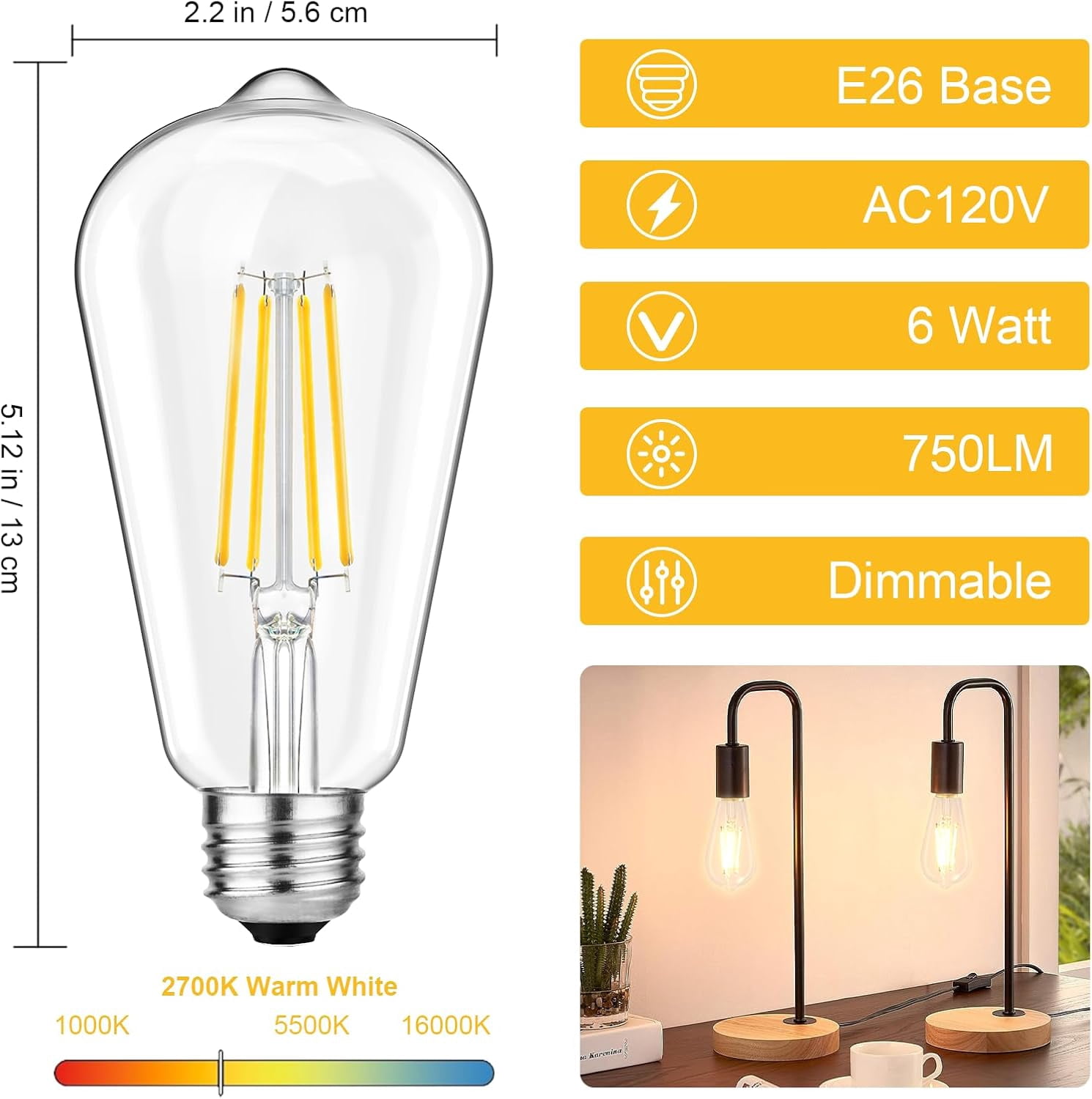 FEFEFW-Vintage LED Edison Bulbs 60W Equivalent, 6W ST58 2700K Warm White Antique LED Filament Bulbs, E26 Medium Base, Clear Glass Style for Home and Commercial, Dimmable 750 LM, 12 Pack