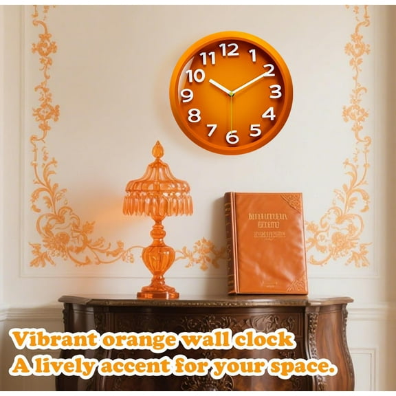 FEFEFW-Wall Clocks Battery Operated - 11 Inch Silent Non Ticking 3D Numbers Easy Read Analog Clock with 2 Hooks Premium HD Glass Clocks for Living Room Bedroom Kitchen Gym Outdoor Decor, Orange