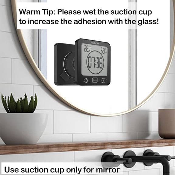 FEFEFW-Waterproof Bathroom Wall Clock and Timer, Digital Water Resistant Hanging Timer for Shower, Large Display Kitchen Cooking Countdown Timers, Mirror Suction Clock with Temperature Humidity Meter