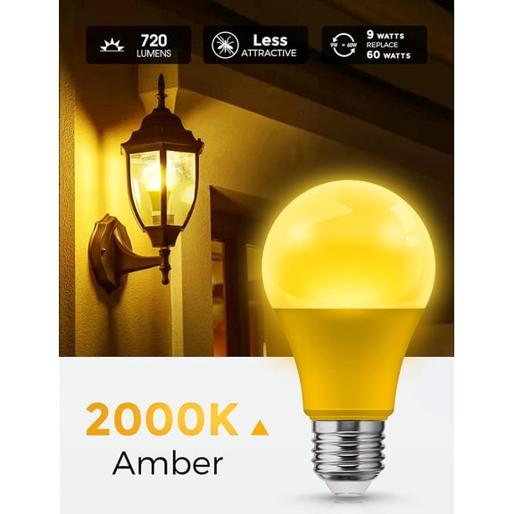 FEFEFW-Yellow Bug Light Bulbs Outdoor, A19 9W Bug Lights for Outside, 60W Equivalent, 2000K Amber Porch Light Bulb, Non-Attracting, E26 Base, Not-Dimmable, Ideal for Patio, Deck, Backyard, 2 Pack