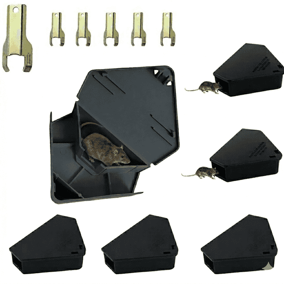 FEHNAG Protective Mouse Traps Box 6 Pack, Secure Locking Mouse Station Enclosure, Child & Pet Resistant Plastic Cases for Indoor & Outdoor, Black
