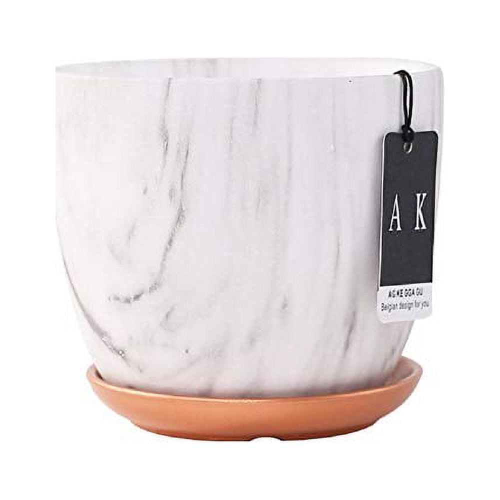 White and Gold Ceramic Fluted Planter Pot with Drainage Hole