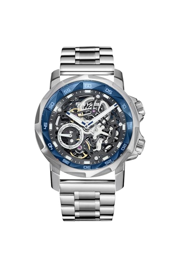 FM511 Men's Automatic Skeleton Watch, Luxury Sapphire Crystal Glass Blue Dial Luminous Hands, 5ATM Waterproof Sport Wristwatch with Silicone Strap for Men, Casual Mechanical Watches For Men.