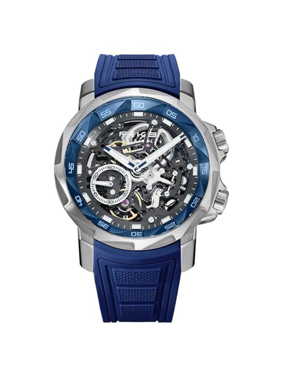 FM511 Men's Automatic Skeleton Watch, Luxury Sapphire Crystal Glass Blue Dial Luminous Hands, 5ATM Waterproof Sport Wristwatch with Silicone Strap for Men, Casual Mechanical Watches For Men.