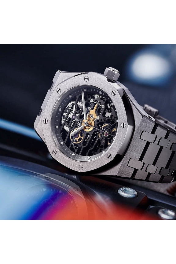 Men's Automatic Skeleton Watch, 42mm Stainless Steel Case, Sapphire Crystal, Waterproof, Anti-Shock Mechanical Wristwatch FM019HOT