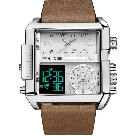 Wathes for Men Digital LED Analog Quartz Wristwatch Business Mens Watch Multifunction Square Chronograph 24H Calendar Leather Band Unique FK030