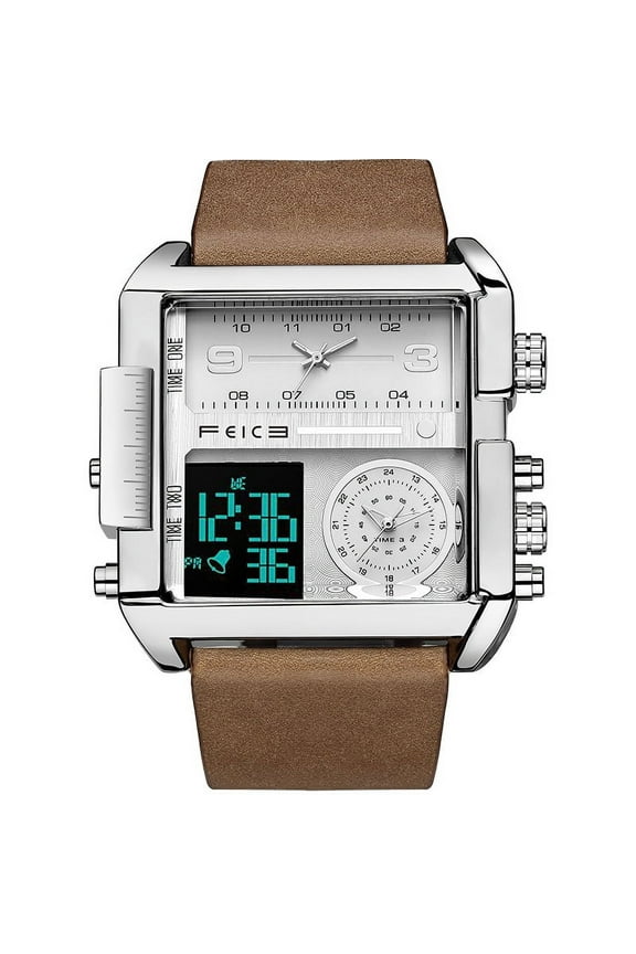 Wathes for Men Digital LED Analog Quartz Wristwatch Business Mens Watch Multifunction Square Chronograph 24H Calendar Leather Band Unique FK030