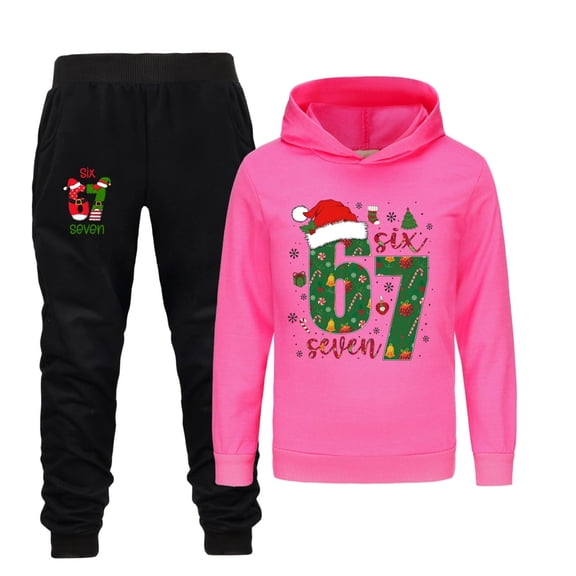 FEIFLY Cartoon 6 7 Print Kids Hoodie Pants Tracksuits Sweatsuit Long Sleeve Boys Festive Xmas Outfit Warm Tracksuit Playwear Two Piece Pullover Joggers Youth Classic Winter Child Clothing Sets